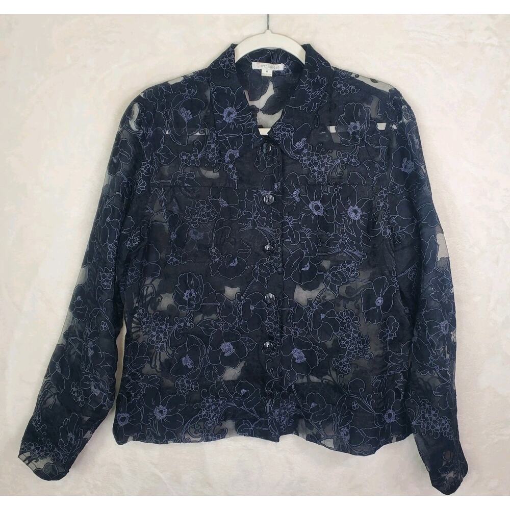 Erin London Black White Floral Sheer Button Down Shirt Top Size Medium